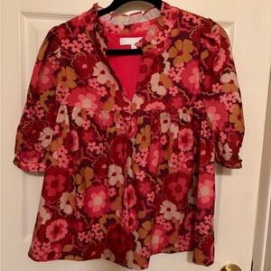 Sugarlips Pink & Red Floral V‑Neck Puff Sleeve Blouse